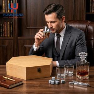 Luxury Crystal Liquor Whiskey Decanter Set with 4 Drinking Glasses & 8 Stones in Hexagonal Wooden Gift <b>Box</b> for Men Groomsmen Bar - Product Image 3