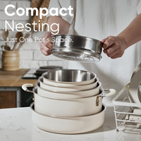 Ensemble de casseroles et poêles en acier inoxydable triple couche, style classique moderne, avec poignée amovible et revêtement céramique extérieur, pour la cuisine domestique