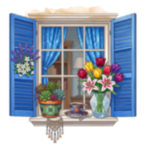 Pegatina de Pared 3D con Diseño de Ventana Azul - Calcomanía Colorida de Tulipanes, Suculentas y Taza de Café con Atrapasueños para Sala de Estar y Dormitorio H - Product Image 4