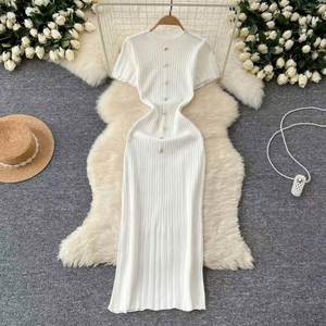 I-0619 Vestido Casual de Mujer de Primavera, de Alta Gama, Estilo Vintage, Dulce, Tipo Lápiz, Largo hasta la Rodilla, Cierre de Botón, Corte Ajustado, Manga Corta, Tejido Sólido - Product Image 4