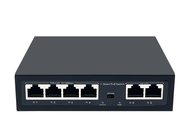 Factory Hot Selling 4 AI Port Poe Switch 100M Uplink Watchdog AI Detection Smart OEM Poe Switch Network 1000mbps 12V Poe Switch