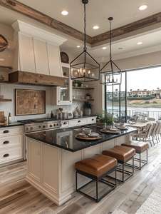 Gabinetes de cocina americanos modernos, acabado de laca blanca, encimeras de cuarzo negro, diseño con vista al río - Product Image 2