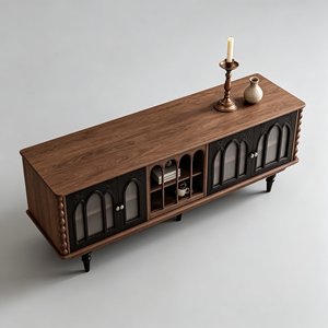 Vintage Gothic Style Wooden TV Stand & <b>Tall</b> <b>Cabinet</b> Set with Glass Doors for Living Room - Product Image 5