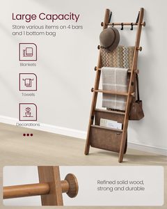 Étagère à couvertures en bois à 5 niveaux pour salon, support décoratif de style ferme avec sac en cuir synthétique - Product Image 4