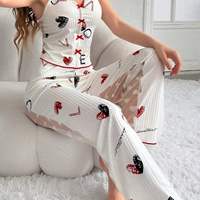 Ensemble de pyjama pour femmes en dentelle contrastée imprimée, maille longue, col rond, transparent, vêtements de nuit