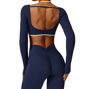 Women's Elastic Long Sleeve Yoga <strong>Legging</strong> and Tops Set Solid Pattern Quick Dry Size XL Spandex Material <strong>Cropped</strong> V Cut - Product Image 2