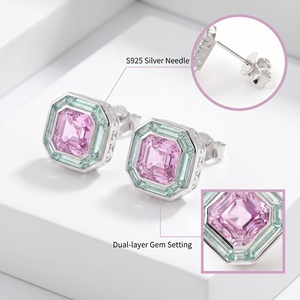 Boucles d'oreilles clous carrées de style <span class=keywords><strong>euro</strong></span>-américain, en or véritable 18 carats avec saphir rose de laboratoire, pierre précieuse rose taille Asscher - Product Image 4