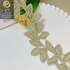 [LXS] 5.5cm Width Light Gold Leaf Lace Trim Water Soluble Embroidered Foliage Ribbon for <strong>Boho</strong> Wedding Dress &amp; Home Textile - Product Image 1