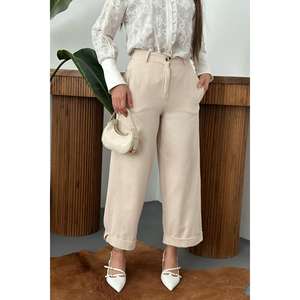 Pantalones anchos de gabardina beige de cintura alta antiarrugas para mujer - Product Image 2