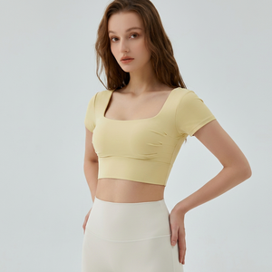 Women Square Neck <b>Open</b> Back Yoga Crop Top Short Sleeve Slim Stretch Athletic T-Shirt Built In Padded <b>Bra</b> Gym Pilates Workout Tee - Product Image 2