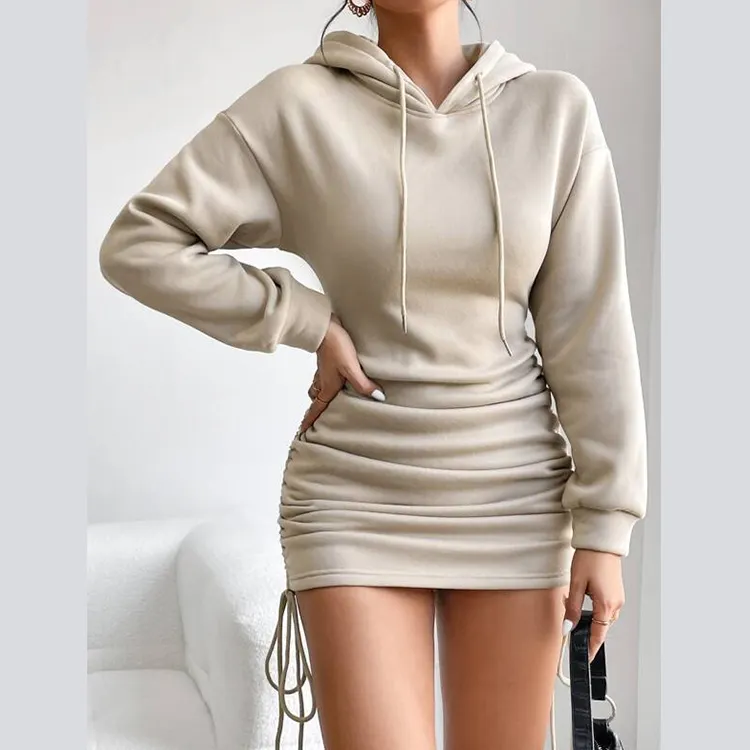 Custom Autumn Spring Women's Slim Fit Hoodie Dress Solid Color Custom Hoodie Dress Side Drawstring Women Hoodie Dress