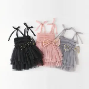 2023时尚蝴蝶结可爱婴儿服装套装派对穿夏季沙滩粉色连衣裙儿童女童连衣裙