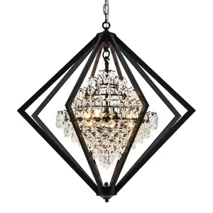 Black Metal Diamond-Cage Chandelier With Clear Hanging Crystals Shade Wrought Iron Frame Pendant Light