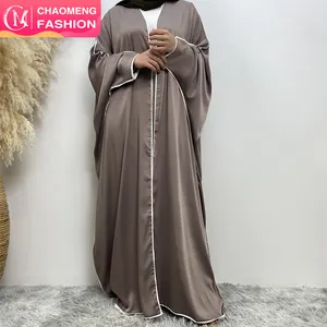 6688# New arrive smooth satin batwing sleeve open abaya with white line muslim women eid ramadan basic abayas cardigan 6 colors
