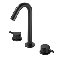 Keran Wastafel Kamar Mandi Modern Kuningan Dua Gagang Model Deck Mount Warna Hitam Matte Tiga Lubang dengan Cerat Tinggi Melengkung