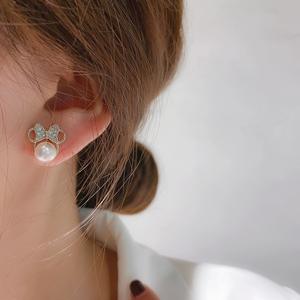 أقراط مرصعة برأس ميكي بعقدة فراشية أنيقة صغيرة لؤلؤ لطيف أقراط أحجار راين للفأر - Product Image 4