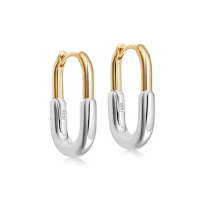 925 Sterling Silver 14/18K Gold Plated Fashion Jewelry Minimalist Bi Color Two Tones U Shaped Hoop Earrings for Women Wholesale