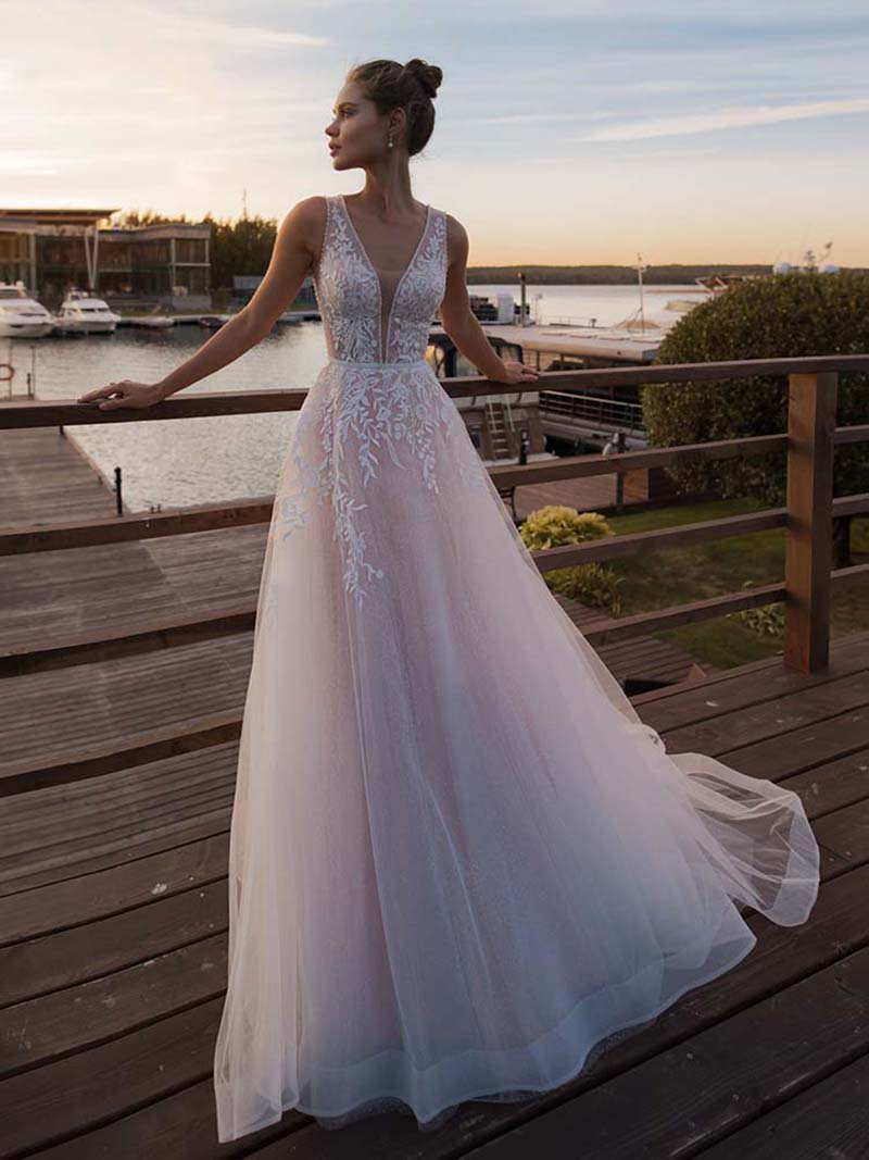 Ne198 Light Pink A-Line Wedding Dress with V-Neck, Backless & Appliqud Tulle  OEM