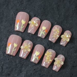 Wholesale Handmade Acrylic Full-Cover Coffin Shape False <b>Nails</b> Pre-Designed Pink/White Gradient <b>Rhinestone</b> Design Long Tips - Product Image 2