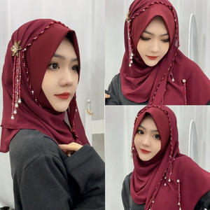 Hijab de trabajo pesado de lujo con diamantes de imitación de cristal, cuentas y borlas largas-Cubierta de cabeza de poliéster - Product Image 2