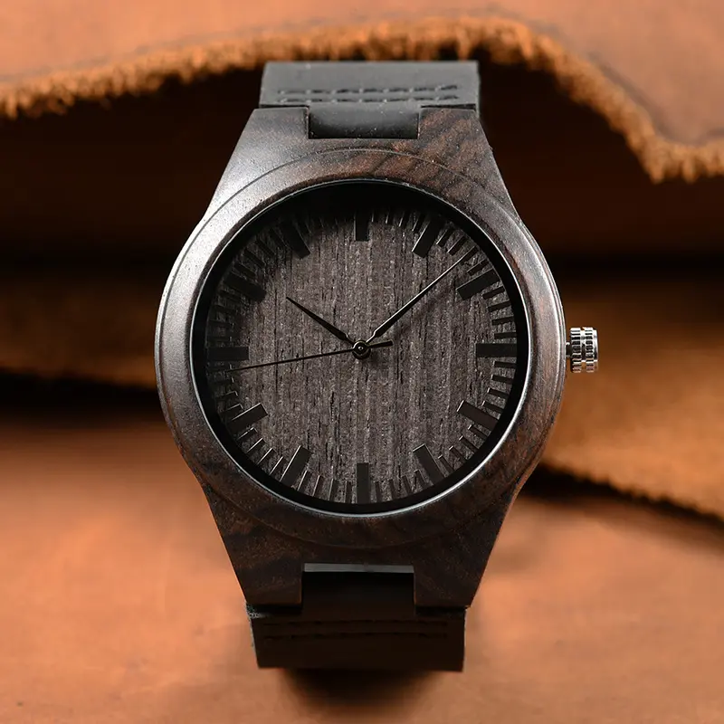 Hifive Unisex Cheap Leather Bamboo Wood Grain Wrist Watch Wholesale Wooden Watches For Men And Women Leather strap Ebony watch
