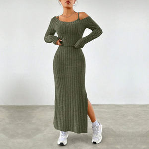 Conjunto de Moda Otoño-Invierno, Estilo Simple y Elegante, Vestido Verde con Tirantes para Mujer - Product Image 1