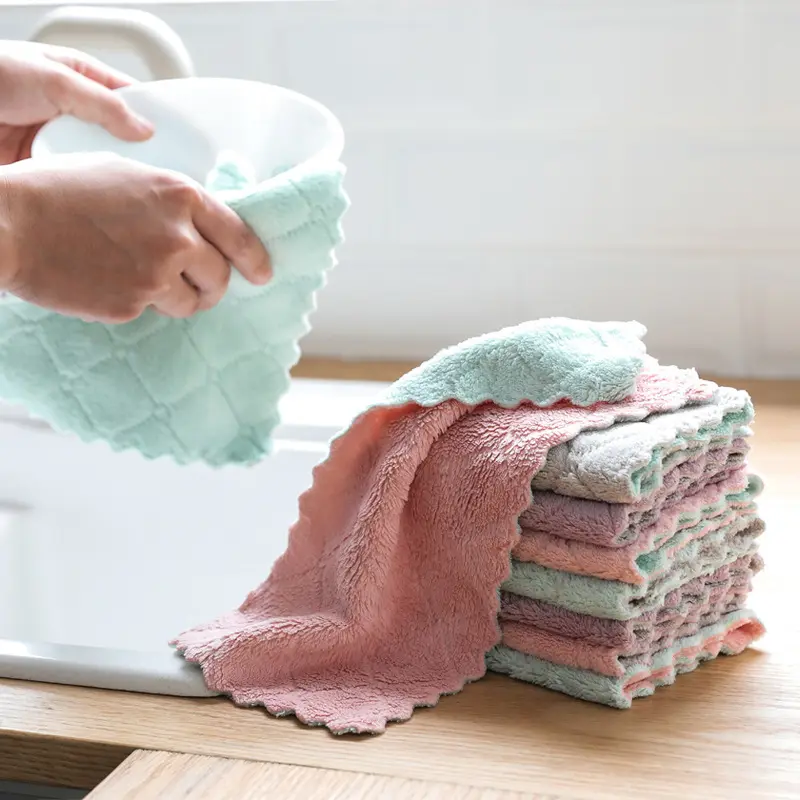Super Absorbent dish tea towels Kitchen Cleaning Cloth Double layer Coral Fleece Dish Cloth Custom Microfiber Kitchen Rag