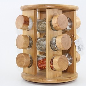 Bamboo <b>Spice</b> <b>Rack</b> With Glass Bottles <b>Rotatable</b> Moisture Proof Wooden Lid Storage Organizer For Kitchen Seasoning - Product Image 3