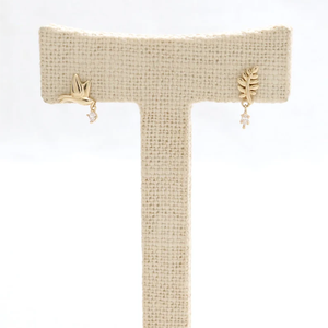 Boucles d'oreilles pendantes en or massif 14K 18K personnalisées de luxe, motif oiseau et feuilles de laurier, serties de zirconiums, bijoux de haute couture pour piercing - Product Image 4