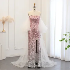 Luxury Dubai Ombre Pink Sequin Mermaid Evening Dresses with Feathers Cape Arabic Women Wedding Party Gowns SZ514