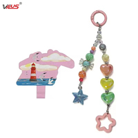 Chaîne de téléphone portable colorée en forme de cœur et d'étoile à cinq branches, porte-clés tendance et polyvalent, décoration en perles acryliques