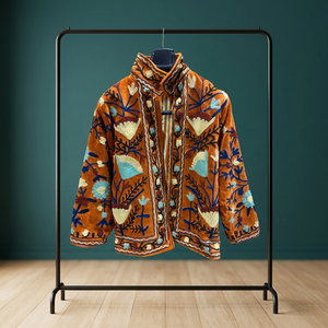 Veste en velours brodée à la main, col montant, motif floral, manches longues, manteau d'automne pour femme, longueur courte, vente en gros, manteaux Suzani - Product Image 4