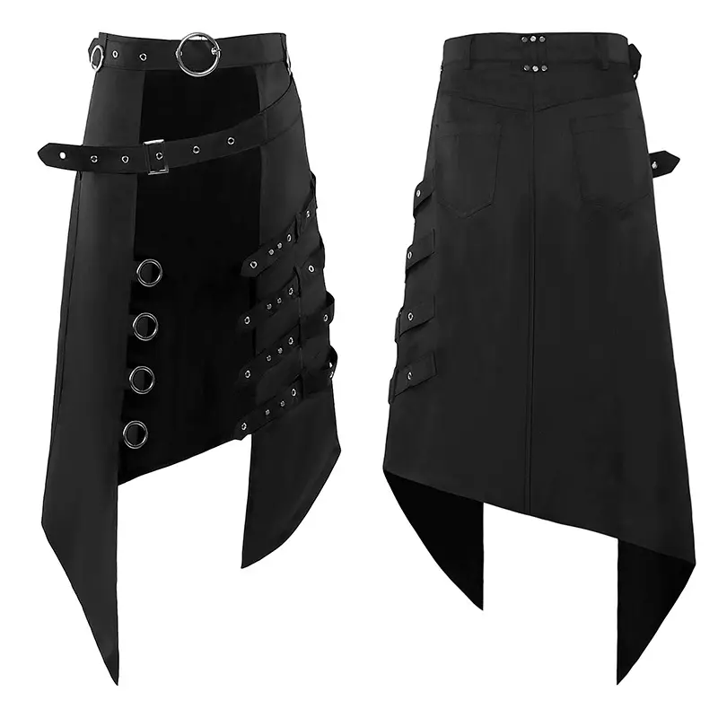 Cosplay rok berlipat Punk sabuk kulit Gotik pria kostum Halloween hitam asimetri rantai logam Kilt prajurit Romawi abad pertengahan