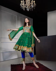 Bonito hecho a mano Vintage satén Floral bordado Afghani boda/fiesta desgaste hasta la rodilla mangas elegantes vestido Anarkali - Product Image 3