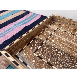 Plateau en os incrusté de pierres, dernier design, pour servir thé, café et en-cas dans la cuisine, disponible à prix abordable en provenance d'Inde. - Product Image 5