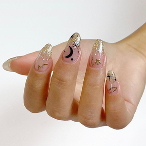 Fake <strong>Nails</strong> Pressure Glue Almond Glossy <strong>Black</strong> Star Gold Glitter Artificial Fingernails Handmade Full Cover <strong>False</strong> <strong>Nails</strong> for Women - Product Image 2