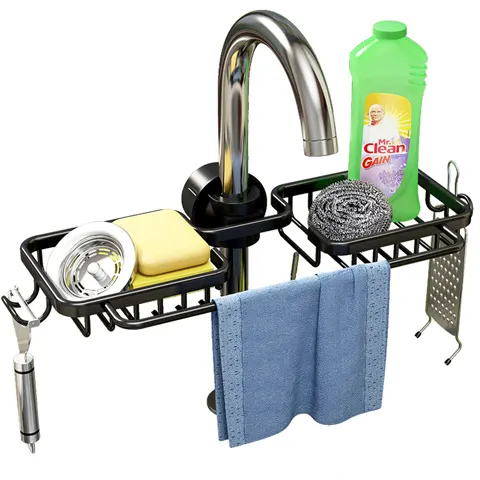 Kitchen Faucet Sponge Storage Rack Aluminum Adjustable Sink Drain Rack With Hanging Towel Rack Kitchen Faucet Washing Tool Shelf