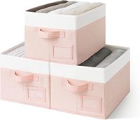 Kotak Penyimpanan Pakaian Berlabel, Organizer Lemari, Lipat, Kain, Warna Pink dan Ivory, Ukuran Besar, Set 3 Buah