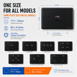 Interrupteur mural noir standard australien 10A 6 prises 1-5 gang avec interrupteur d'éclairage et prise USB Type C AU - Product Image 3