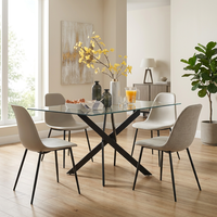 Table à manger rectangulaire moderne avec plateau en verre trempé, pieds en métal noir en forme de X, 6 places, meubles de salle à manger pour la maison, la cuisine et les restaurants
