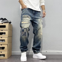 Jeans baggy vintage, jeans patchwork délavés, jeans droits amples pour hommes, style streetwear, hip-hop, pantalons longs, vêtements pour hommes, jeans pour homme