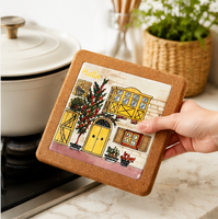 Sous-plat en céramique personnalisé avec base en liège, design double couche, motif esquisse de ville européenne, résistant à la chaleur, protège-table