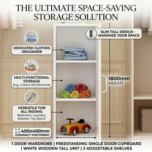 White Tall <strong>Storage</strong> <strong>Unit</strong> 1 Door <strong>Wardrobe</strong> with Shelves for Clothes, Shoes &amp; Daily Essentials - Product Image 3