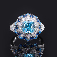 Anillo de Lujo con Flor de Aguamarina Simulada de Latón 8*8, Chapado en Rodio, para Boda o Fiesta, Gran Venta