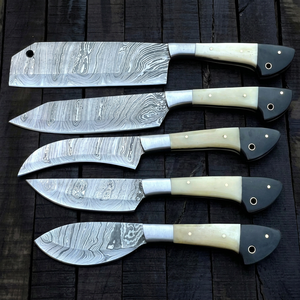Ensemble de couteaux de chef professionnels faits à la main en acier à haute teneur en carbone, manche en os, sac en cuir, couteaux à découper la viande, ambidextres, traditionnels - Product Image 1