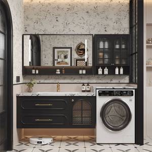 French style antique rock slab ceramic seamless basin intelligent <b>mirror</b> washing machine integrated bathroom cabinet - Product Image 3
