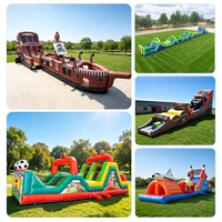 Castillo Inflable de Grado Comercial con Obstáculos de Barco Pirata y Tobogán Acuático