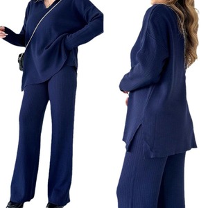 Bộ đồ nữ hai mảnh dệt kim, áo len cổ tròn màu trơn, quần ống rộng xẻ tà, phong cách thu đông, thường ngày - Product Image 5