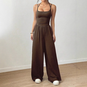 Custom Women Halter Neck High Waist Jumpsuit Bandeau Cami Wide Leg Loose Fit Summer Casual Top Anti-Wrinkle Ruched Screen - Product Image 5