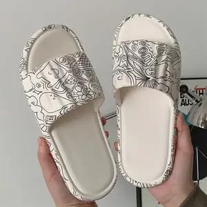 XIXITIAO Wholesale Cheap Price Graffiti Art Women Flats Slippers Waterproof Toilet Male Flat Slide Slippers For Ladies